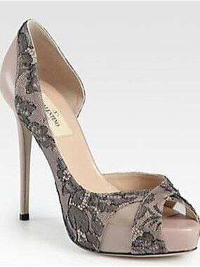 Valentino Beaded Crystal Lace Overlay D'Orsay Open Toe Platform Pump Heels